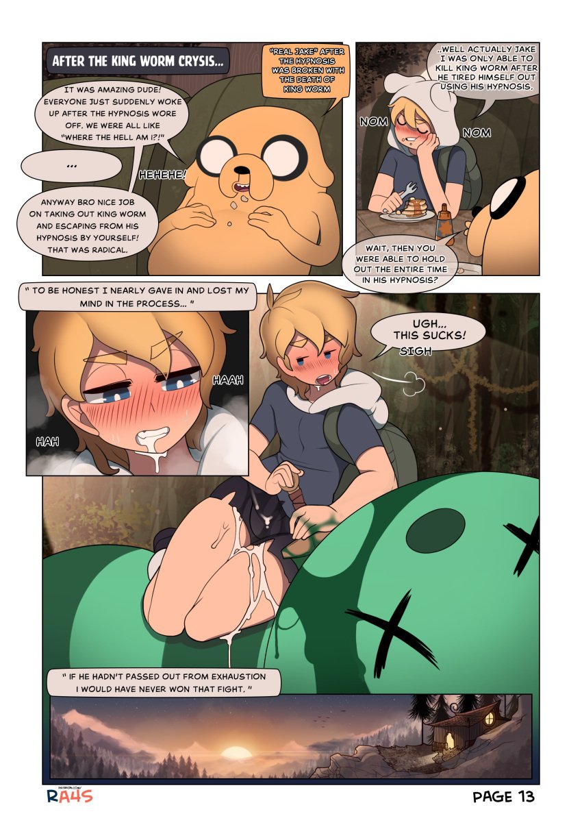 2boys adventure_time after_sex blonde_hair blush brothers cartoon_network comic comic_page cum cum_all_over cum_inside dead domestic_dog duo english_text femboy finn_the_human gay genital_fluids hi_res highres human jake_the_dog king_worm male male_focus male_only nervous ra4s size_difference steam sweat translated twink yaoi yellow_fur