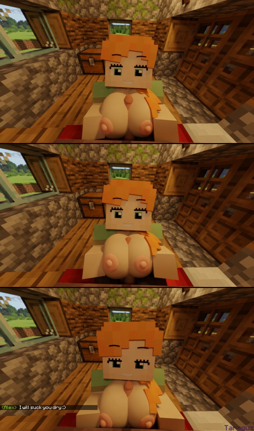 1boy 1girls 3d alex_(minecraft) big_ass big_breasts big_penis blowjob comic cum_in_mouth green_eyes heart-shaped_pupils minecraft orange_hair paizuri square_head taraguz titjob tongue_out video_games villager_(minecraft)