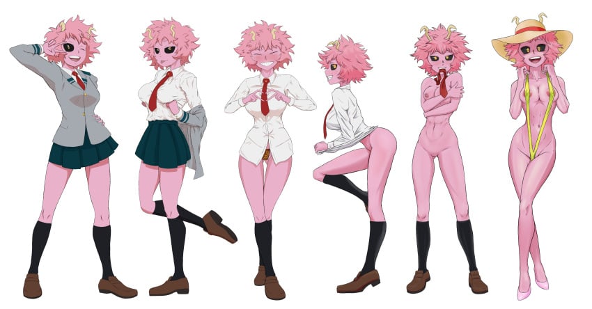 1girls 2023 boku_no_hero_academia bottomless horn horns itzal mina_ashido my_hero_academia nudity pink_hair pink_skin school_uniform sling_bikini solo strip_game sunhat tie uniform