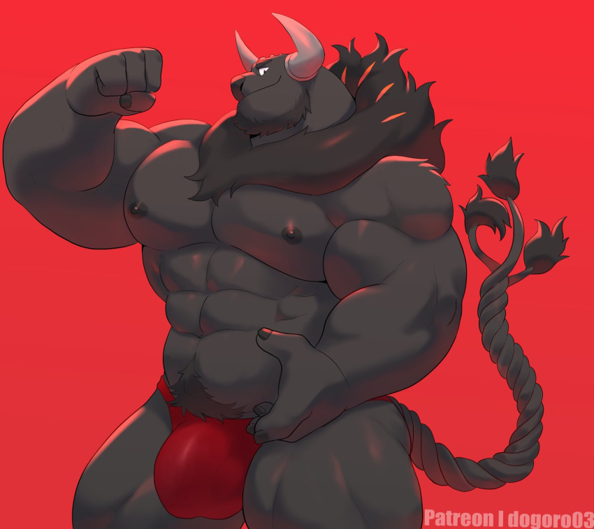 abs anthro biceps black_body black_hair bulge clothing crotch_tuft flexing generation_1_pokemon hair hi_res horn looking_at_viewer male muscular muscular_anthro muscular_male nails neck_tuft nintendo nipples o-ro paldean_form paldean_tauros pecs pokemon pokemon_(species) red_background regional_form_(pokemon) simple_background smile solo tauros tuft underwear