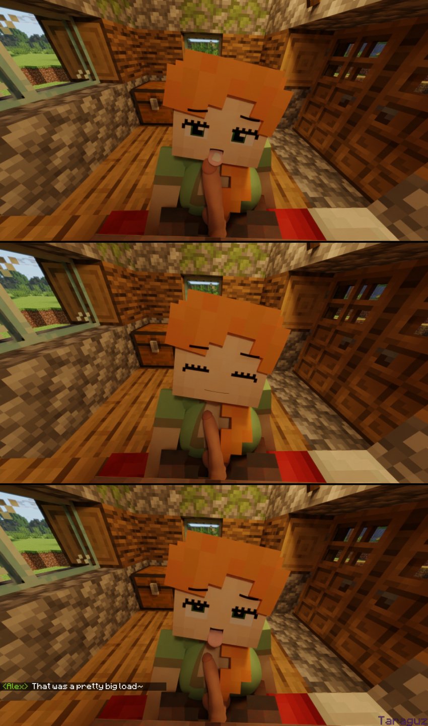 1boy 1girls 3d alex_(minecraft) big_ass big_breasts big_penis blowjob comic cum_in_mouth green_eyes heart-shaped_pupils minecraft orange_hair paizuri square_head taraguz titjob tongue_out video_games villager_(minecraft)