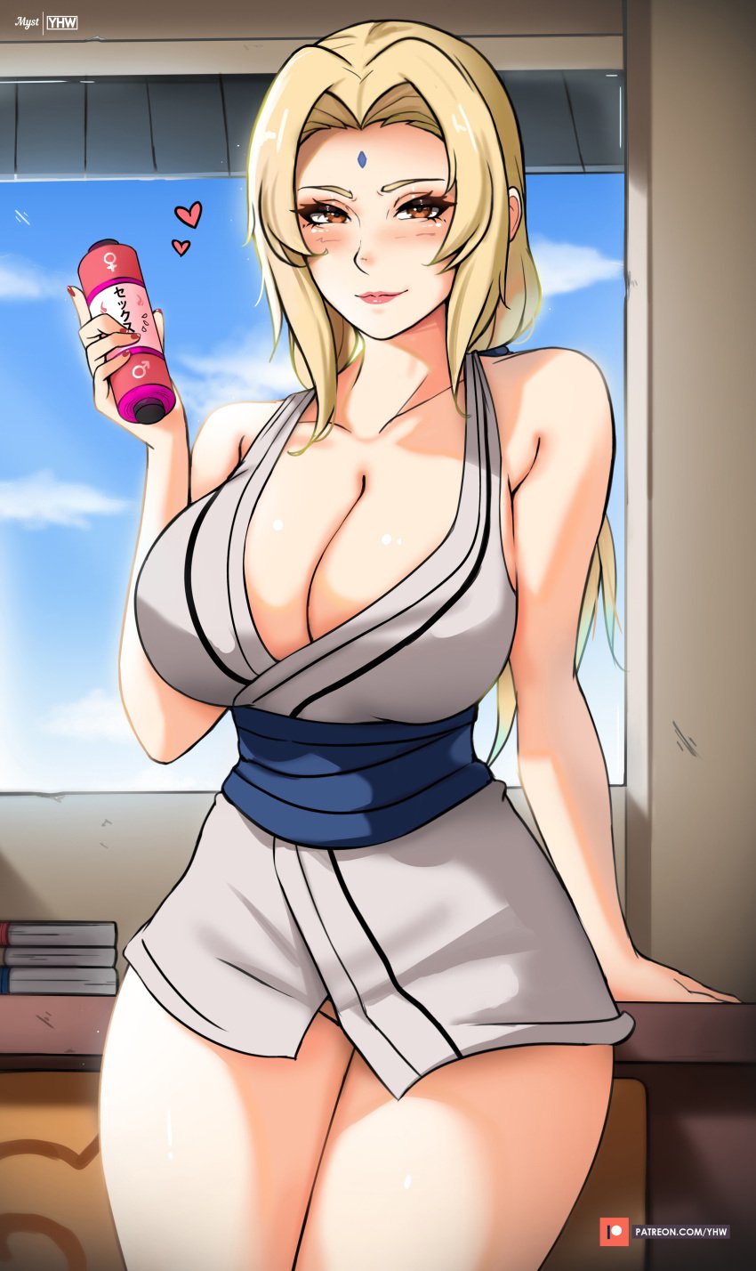 background big_breasts blonde_hair clothed clothed_female heart hokage hokage_office looking_at_viewer myst naruto naruto_(series) naruto_shippuden no_pants soft_breasts soft_shading sunlight thick_thighs thighs thighs_together tight_clothes tight_clothing tsunade yhw