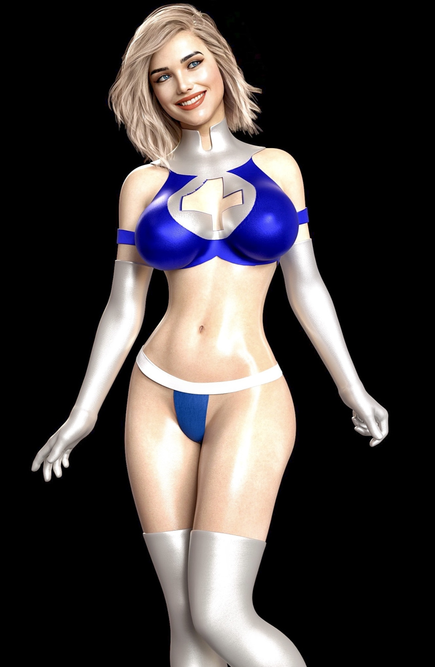 1girls 3d 3d_(artwork) agent_4_tea_se7en armwear big_breasts blonde_female blonde_hair blue_eyes boob_window breasts fantastic_four female female_only girl gloves human human_only invisible_woman light-skinned_female light_skin marvel midriff pose posing red_lips skimpy skimpy_clothes smile smiling spandex spandex_suit sue_richards sue_storm sue_storm_90s_costume superheroine thigh_highs thighhighs white_hair