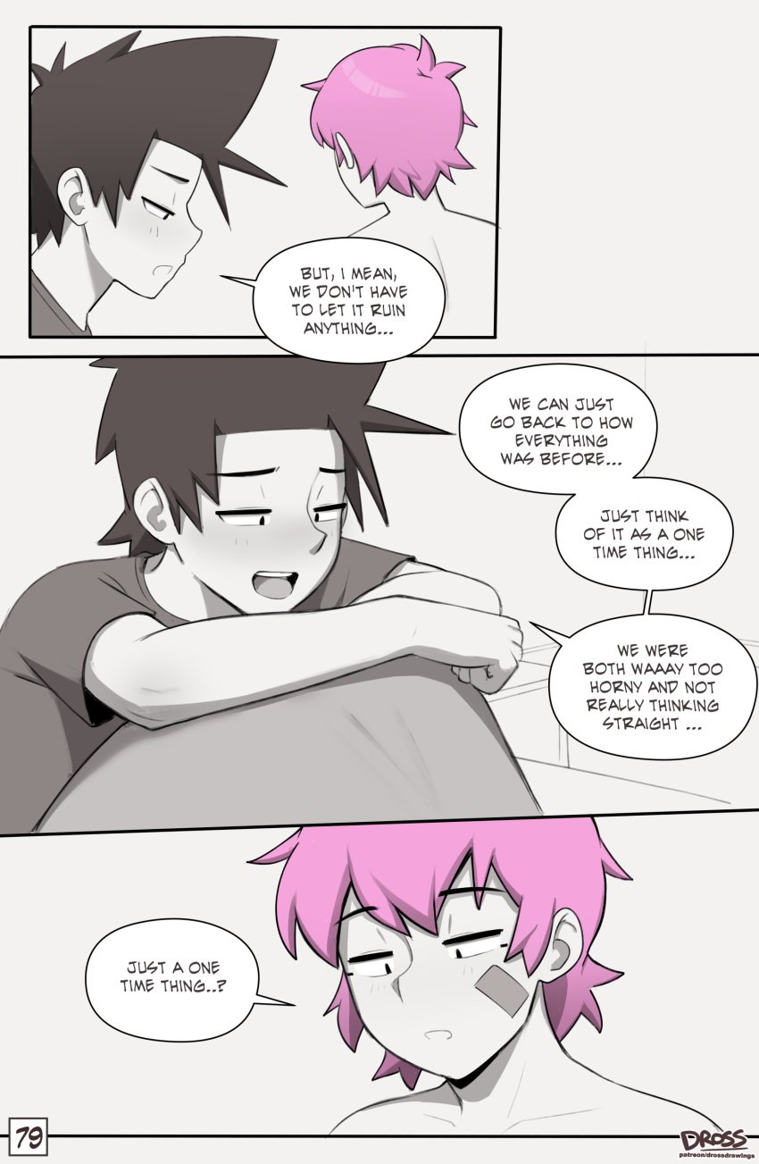 2boys bed bedroom black_hair comic comic_page dialogue dross gay hotel jacob_(dross) light-skinned_male light_skin male male/male male_only monochrome partially_clothed pink_hair skater_boi_(dross) taylor_(dross) text text_bubble twink yaoi