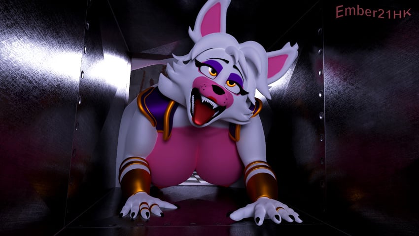 ahe_gao all_fours animatronic anthro ass big_breasts big_butt blender_(software) breasts canid canine clothing crawling ember21hk eyeshadow fangs female five_nights_at_freddy's five_nights_at_freddy's_2 fox fur hi_res looking_pleasured machine makeup mammal mangle_(fnaf) nipples pink_body pink_fur robot scottgames solo stuck teeth thick_thighs tongue tongue_out topwear vent vest white_body white_fur wide_hips