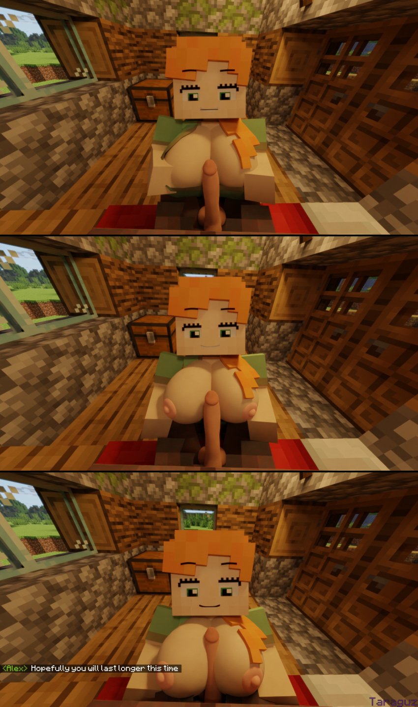 1boy 1girls 3d alex_(minecraft) big_ass big_breasts big_penis blowjob comic cum_in_mouth green_eyes heart-shaped_pupils minecraft orange_hair paizuri square_head taraguz titjob tongue_out video_games villager_(minecraft)