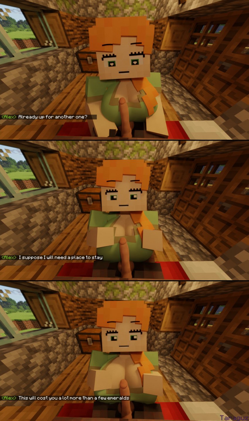 1boy 1girls 3d alex_(minecraft) big_ass big_breasts big_penis blowjob comic cum_in_mouth green_eyes heart-shaped_pupils minecraft orange_hair paizuri square_head taraguz titjob tongue_out video_games villager_(minecraft)