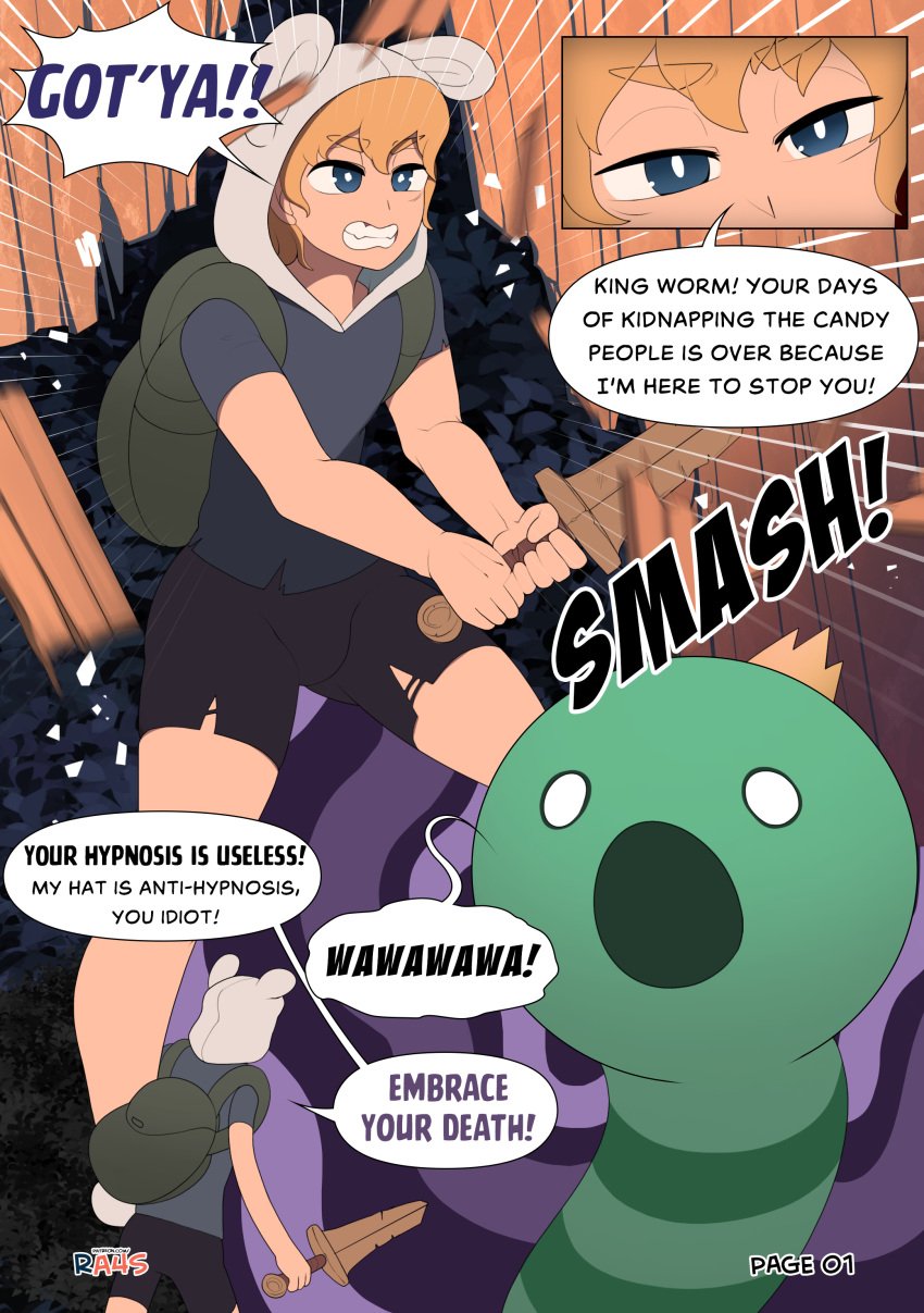 adventure_time bulge cartoon_network comic comic_page english_text femboy finn_the_human hat hi_res highres hood hypnosis king_worm male_only mind_control onomatopoeia ra4s short_shorts sword tight_clothing torn_shorts translated