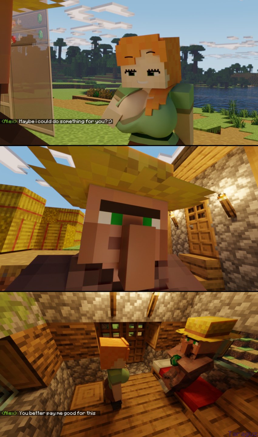 1boy 1girls 3d alex_(minecraft) big_ass big_breasts big_penis blowjob comic cum_in_mouth green_eyes heart-shaped_pupils minecraft orange_hair square_head taraguz tongue_out video_games villager_(minecraft)