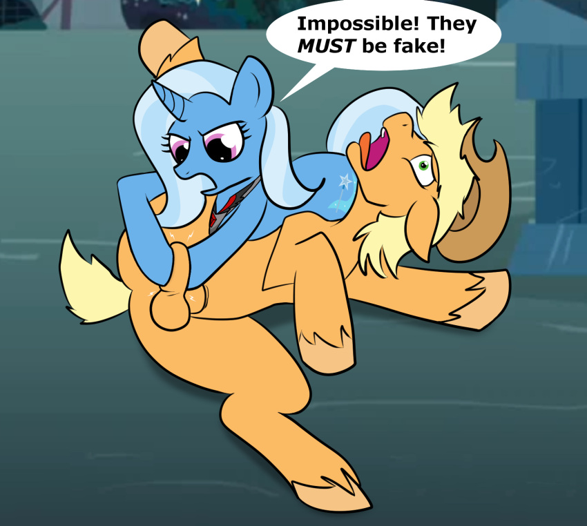 animal_genitalia applejack_(mlp) ballbusting balls big_macintosh_(mlp) blonde_hair blonde_mane blue_body blue_fur blue_hair blue_mane blue_tail buttsaucer clothing cock_and_ball_torture cowboy_hat cutie_mark dialogue digital_media_(artwork) disguise duo earth_pony english_text equid equine equine_genitalia female feral friendship_is_magic fur genital_torture genitals green_eyes hair hasbro hat headgear headwear hi_res hooves horn horse jewelry male mammal mane my_little_pony necklace nuttyhoof orange_body orange_fur pink_eyes pony screaming tail text tongue tongue_out torture trixie_(mlp) unicorn yellow_tail