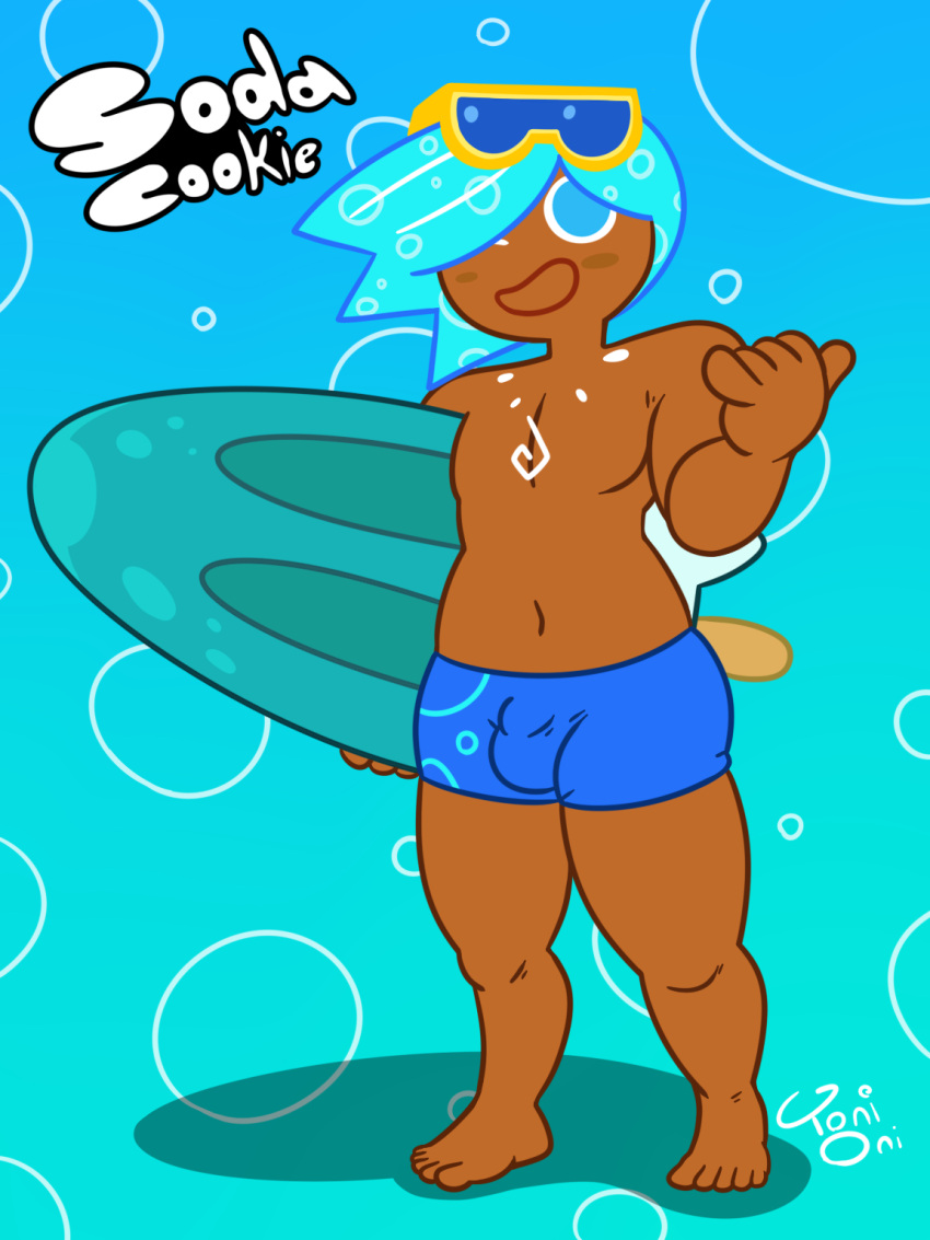 1boy barefoot blue_eyes blue_hair blush brown_skin bulge cookie_run glasses necklace signature soda_cookie surfboard swimming_trunks text toes toni_oni topless