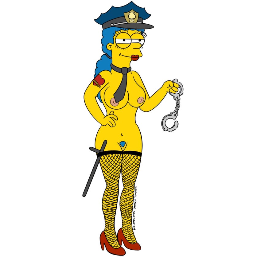 1girls 2020 baton blue_hair digital_media_(artwork) exhibitionism femdom fishnet_legwear fishnets handcuffs high_heels marge_simpson nightstick police police_baton police_uniform pubic_hair samuel_hague_illustration smug tattoo the_simpsons white_background yellow_body yellow_skin