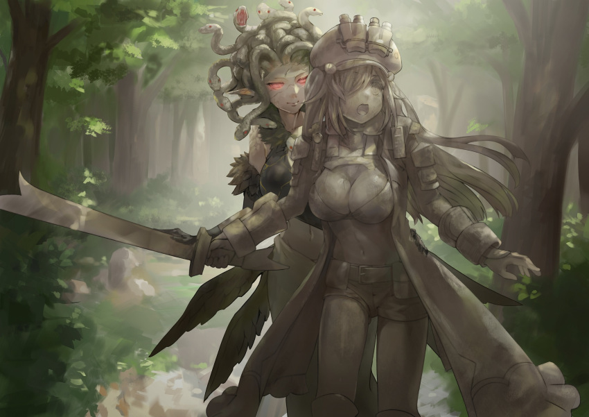 big_breasts breasts cleavage cleavage_overflow fighting_stance gorgon hair_over_one_eye hat medusa navel open_mouth original original_character petrification public_domain ripsaw72a3 shocked_expression sword twintails