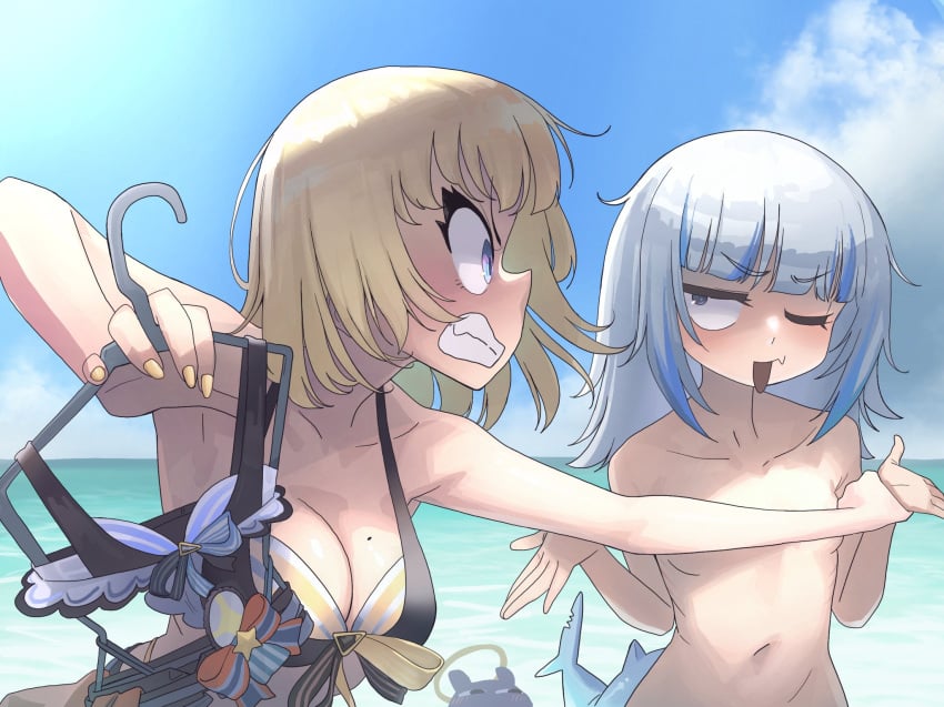 angry beach bikini blonde_hair blue_eyes fan_mascot_(vtuber) flat_chest flat_chested gawr_gura hololive hololive_english hololive_myth mole mole_on_breast naked nude painted_nails shark_tail small_breasts smug smug_expression smug_face swimsuit tagme tako_(ninomae_ina'nis) virtual_youtuber watson_amelia white_hair zedgawr