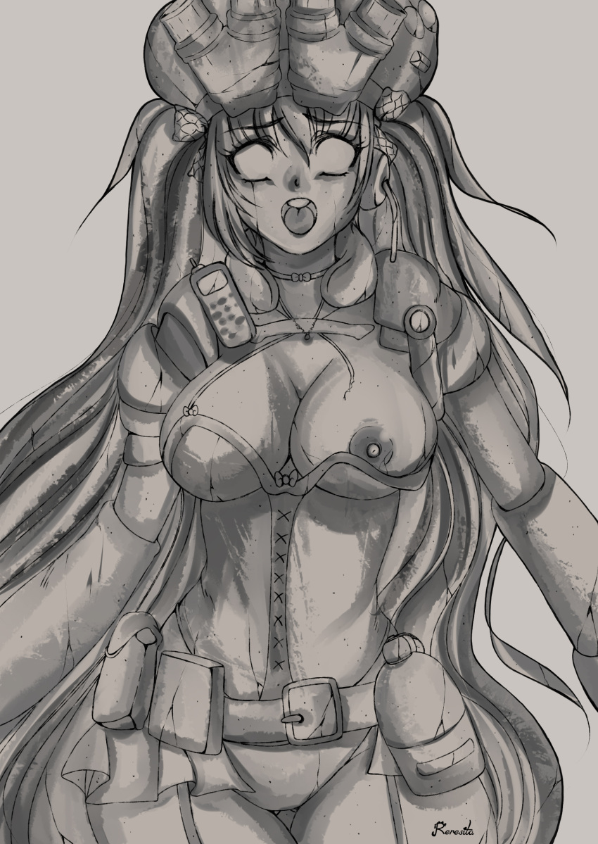 breasts cleavage hat nipple nipple_slip open_mouth original original_character petrification ripsaw72a3 twintails