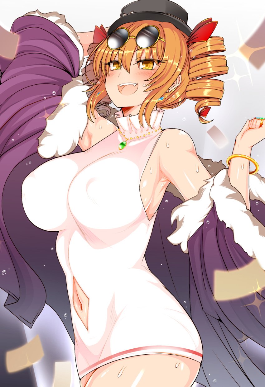 1girls armpits arms_up belly_button blush bracelet breasts clothed ear_piercing earrings fangs fluff hat jewelry jo'on_yorigami large_breasts navel navel_cutout necklace nipples_visible_through_clothing open_mouth orange_hair ribbon ring roki_(hirokix) short_dress solo sunglasses sunglasses_on_head sweat thighs top_hat touhou twin_drills yellow_eyes yorigami_jo'on