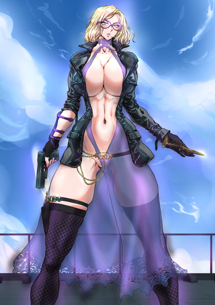 1girls big_breasts blonde_hair blue_eyes boob_window cleavage female female_only glasses gun holding_gun jacket knife light-skinned_female nina_williams pistol tekken tekken_8 yuri-ai