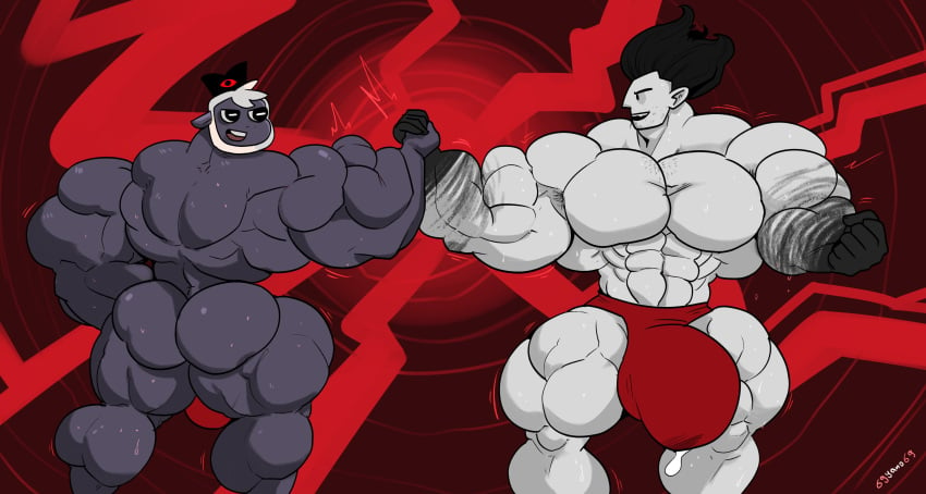 69yano69 bulge crossover crossover_pairing cult_of_the_lamb dont_starve dont_starve_together extreme_muscles furry gigantic_penis huge_bulge lamb lamb_(cult_of_the_lamb) male male_only muscles muscular muscular_anthro muscular_arms muscular_male muscular_thighs video_games wilson_percival_higgsbury