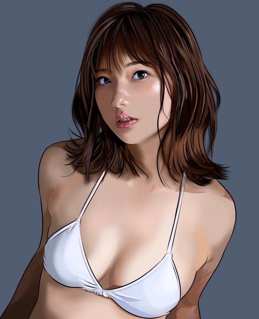 almost_naked brown_hair cleavage emi_aobe glossy_lips outline realistic ultraman_(franchise) ultraman_blazar underwear