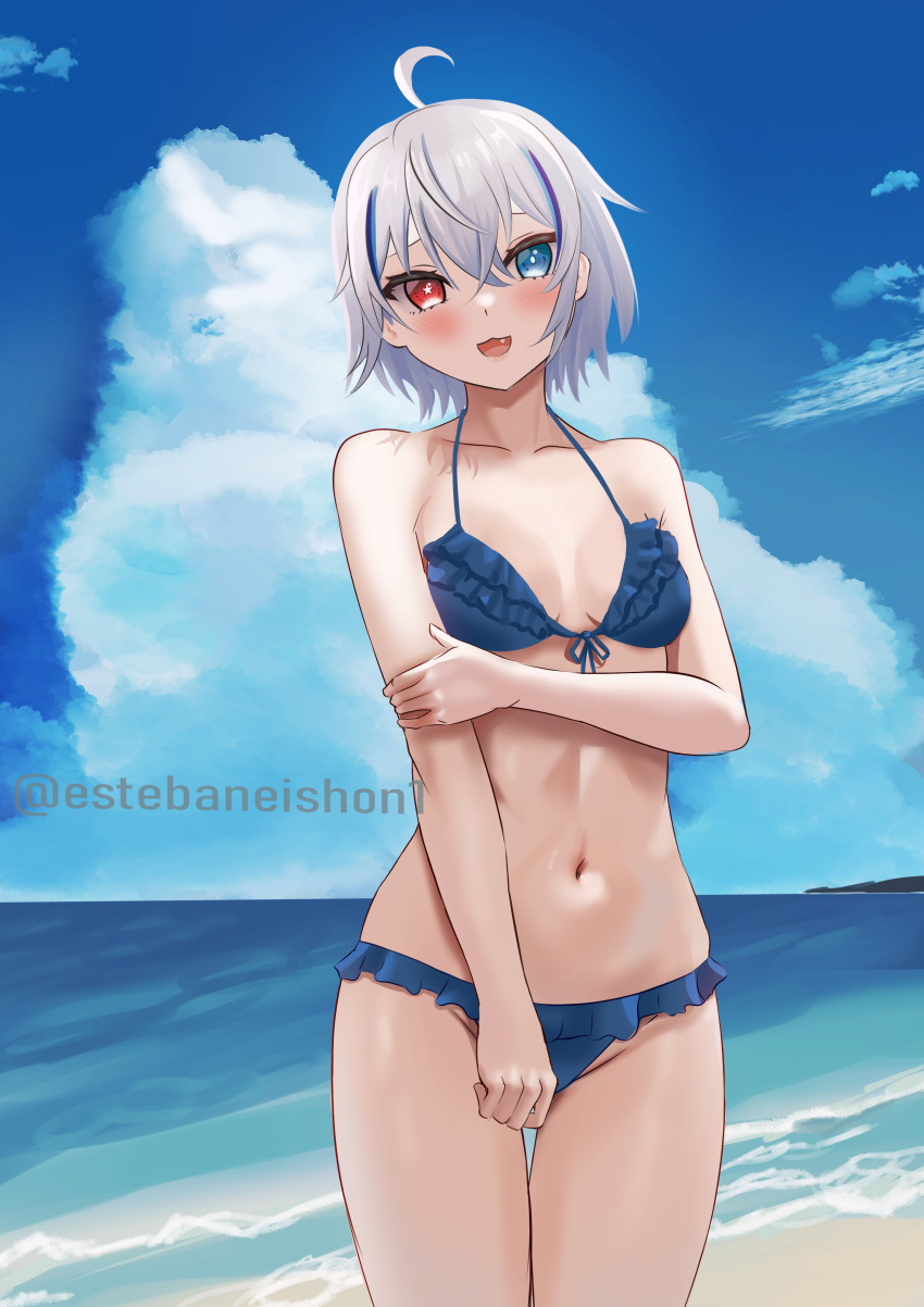 1girls beach bikini estebaneishon1 female_only heterochromia highres nisha_nixyeva ocean short_hair summer virtual_youtuber white_hair