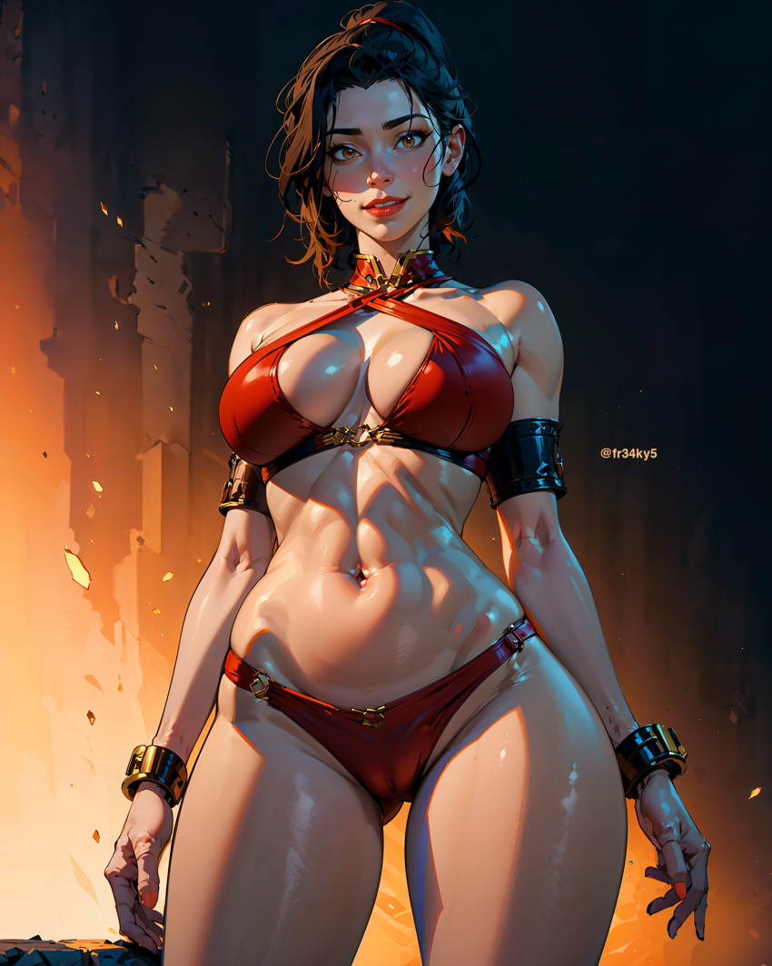 1girls ai_generated ai_hands amber_eyes arm_band arm_bands avatar_legends avatar_the_last_airbender azula bikini black_hair breasts brown_hair dark_hair female fire_nation fr34ky orange_eyes red_bikini red_eyes red_lipstick wrist_cuffs