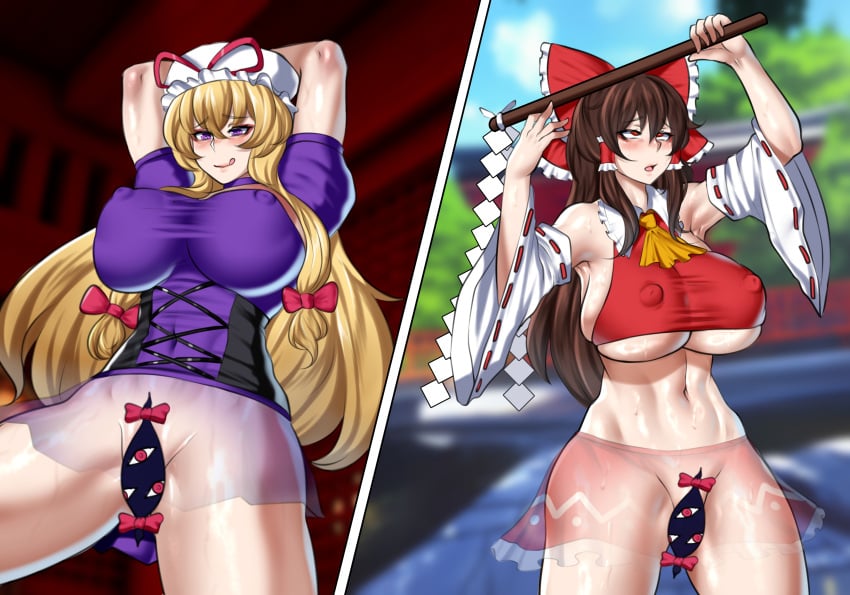 2girls ahe_gao big_breasts big_thighs blush breasts busty cloire_clover female huge_breasts huge_thighs large_breasts large_thighs multiple_girls navel nipple_bulge now_you're_thinking_with_portals pussy reimu_hakurei rolling_eyes see-through thick_thighs thighs thinking_with_portals touhou tribadism voluptuous yukari_yakumo yuri