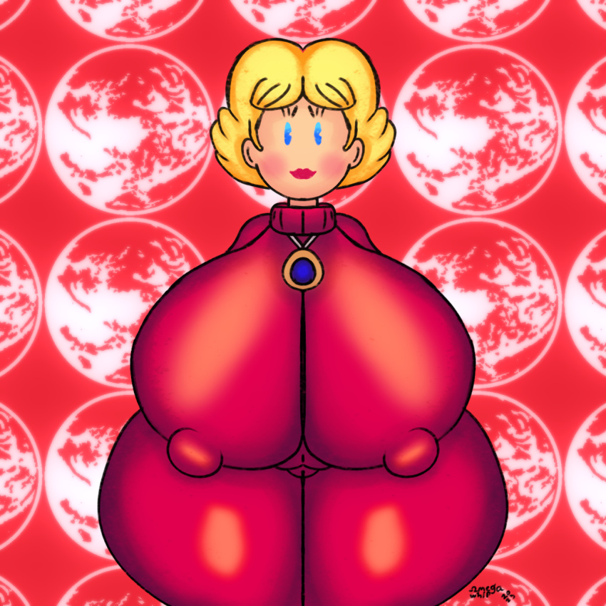 absurd_res background_character belly_button big_belly big_breasts blonde_hair blue_eyes blushing_female breasts chubby_female earthbound earthbound_(series) eyelashes fat_thighs female_focus fully_clothed giant_breasts huge_breasts human hyper_ass large_ass large_breasts large_thighs larger_anthro lipstick looking_back makeup milf mommy_kink monstorlilly mother mother_(game) mother_(series) mother_2 necklace ness's_mom nintendo nipple_bulge pac-man_eyes pussy_visible_through_clothes red_background red_clothing shiny_clothing standing tagme thick_thighs turtleneck wide_hips yellow_hair