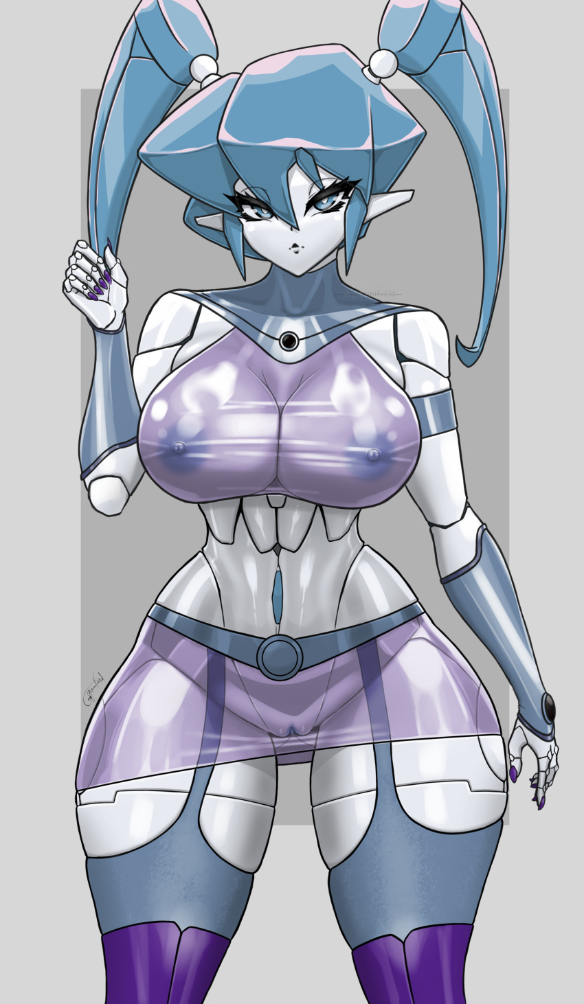 belt big_breasts blue_eyes blue_hair boots bracelet breasts cartoon_network cosplay crossover curvaceous curvy curvy_body curvy_figure dc dc_comics fingernails ggrimmfield jenny_wakeman looking_at_viewer metal miniskirt my_life_as_a_teenage_robot nail_polish nickelodeon nipples nipples_visible_through_clothing purple_nails pussy robot robot_girl robot_humanoid shaved_pussy shirt skirt small_skirt starfire starfire_(cosplay) teen_titans thick_thighs thighhighs thighs transparent_clothing xj-9