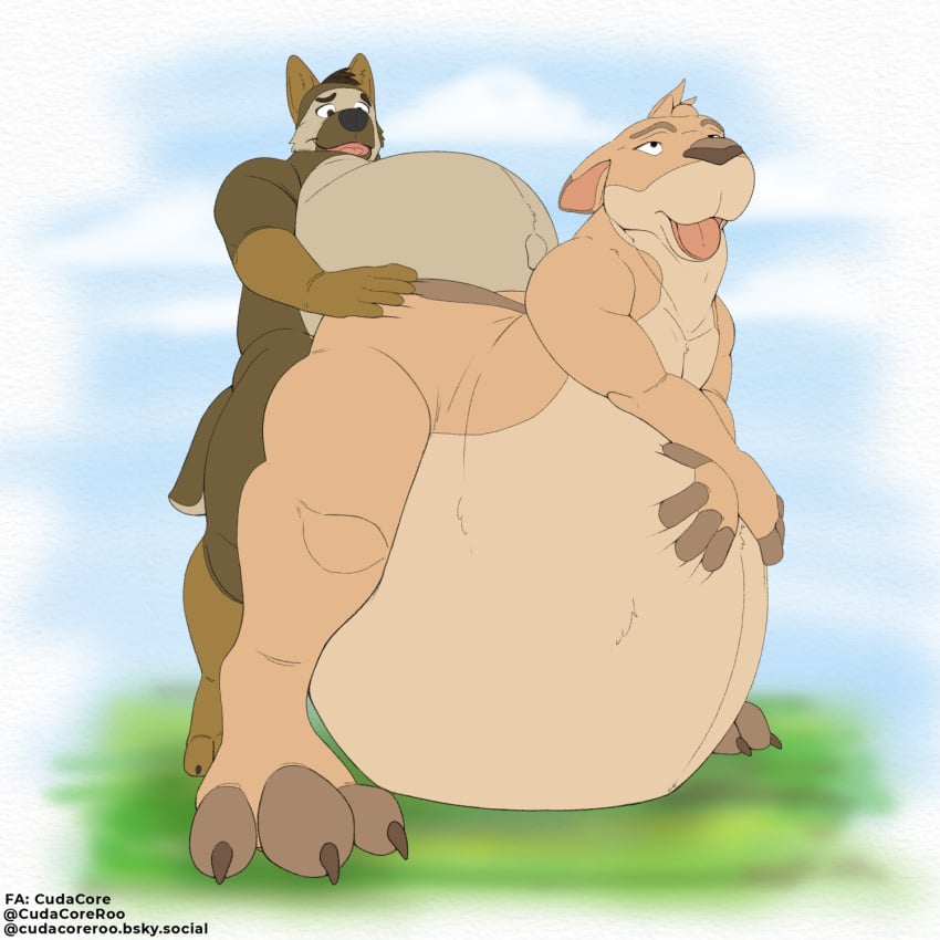 belly big_belly bodily_fluids cudacore cum feet genital_fluids german_shephard happy happy_sex hi_res hyper hyper_belly inflation inflation kangaroo leon macropod male male/male mammal marsupial paws pregnant pregnant_male sex toes