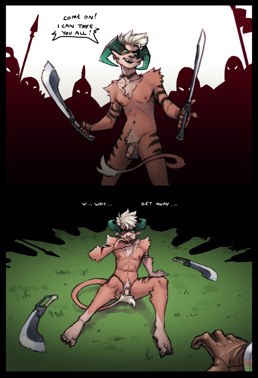 anthro battle comic femboy feminine feminine_male fighting foons furry hiding hiding_penis horns human_on_anthro imminent_rape imminent_sex short_hair small_penis starlyve striped_fur stripes