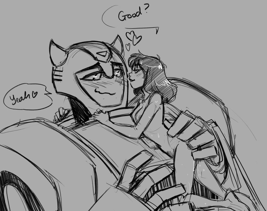 after_sex alien alien/human black_and_white breasts bumblebee_(transformers) charlie_watson female female_human hugging human human/robot love_hearts naked_female necklace necklace_only nipples nude_female robot sketch speech_bubble transformers transformers_animated youkaiyume