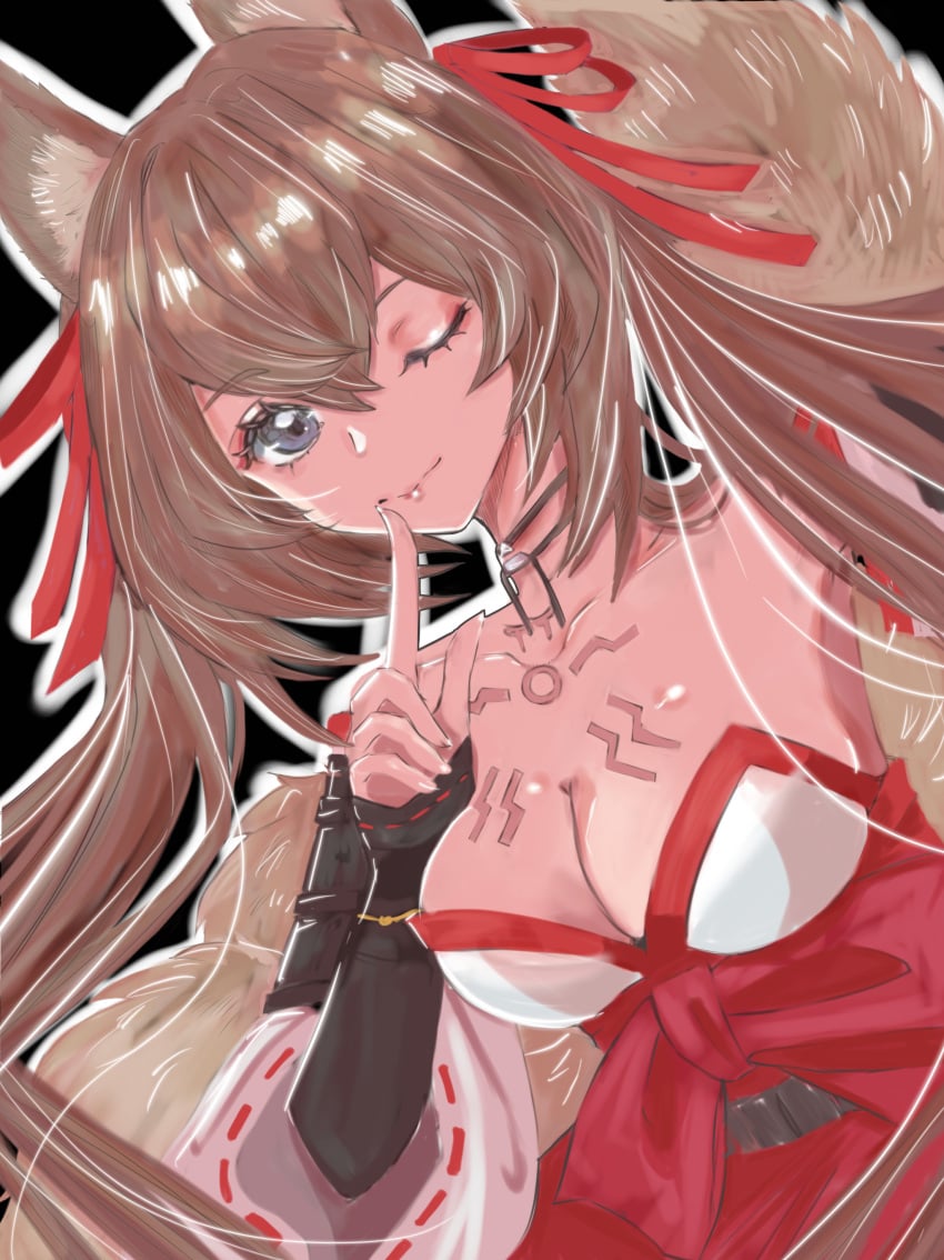 bare_shoulders blue_eyes brown_hair caleen_keemosn choker cleavage commission detached_sleeves eyebrows_visible_through_hair female female_only finger_to_mouth fox_ear fox_girl fox_tail hair_ribbon kemonomimi kitsunemimi konpeki looking_at_viewer miko multiple_tails runes safe_for_work simple_background smile star_ocean star_ocean_anamnesis twintails very_long_hair wink