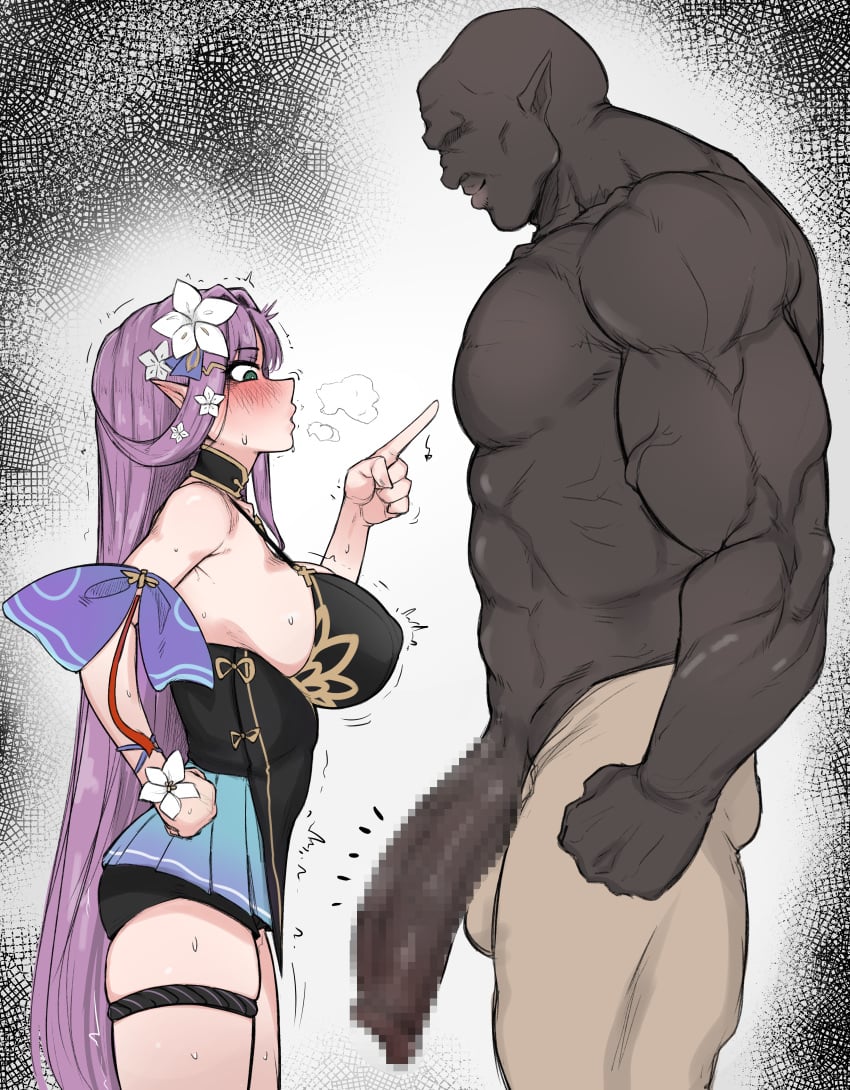 1boy 1girls amid_(epic7) aroused big_breasts big_penis blush bulge dark-skinned_male dark_skin dysco epic7 female male muscular_male revealing_clothes staring