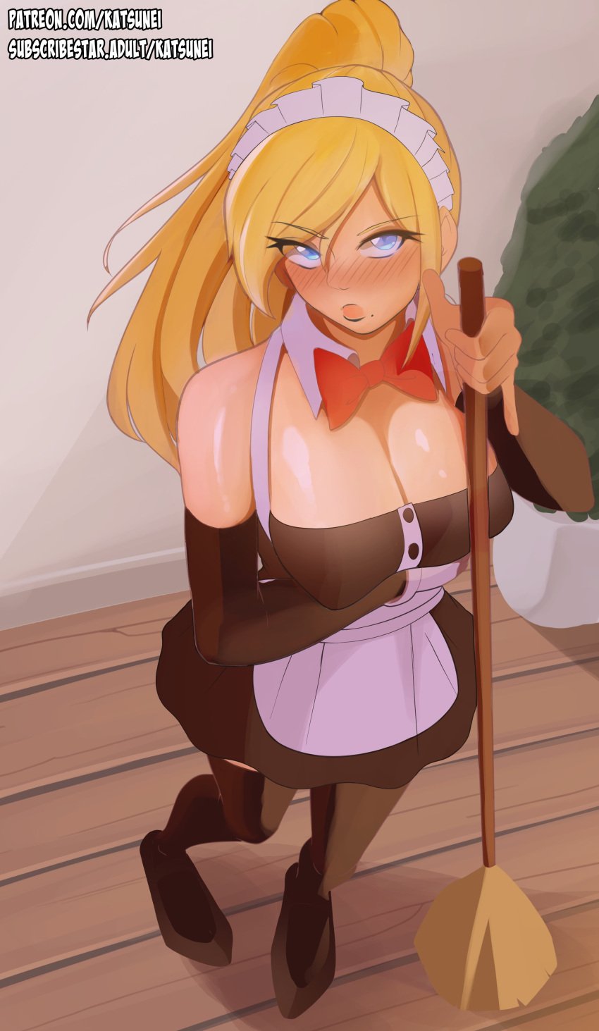 1girls beauty_mark blonde_hair blue_eyes blush breasts broom cleaning cleavage embarrassed female female_only from_above indoors katsunei large_breasts long_hair looking_at_viewer looking_up maid metroid mole mole_under_mouth ponytail samus_aran solo