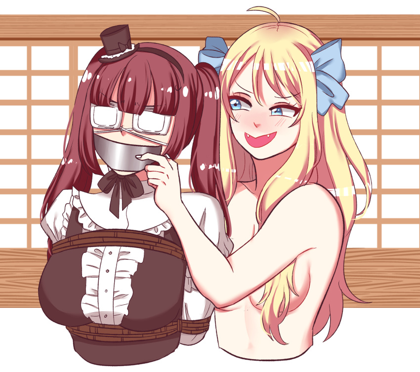 2girls blindfold blonde_hair blue_eyes bondage bow breasts brown_hair clothed_female clothed_female_nude_female commission commission_art commissioner_upload demon_girl eyepatch fangs frilled_dress frilly_clothing gothic_lolita grin grinning hair_covering_breasts hair_ornament hanazono_yurine hat japanese_room jashin-chan jashin-chan_dropkick little_hat long_hair multiple_girls nude_female rope tagaen810 tagme tape tape_gag taped_mouth topless topless_female twintails