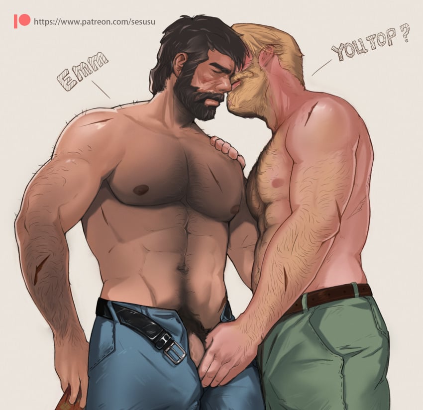 2022 2boys arthur_morgan bara bara_tits barazoku beard blush chiris_110 clothing crossover facial_hair gay hairy hairy_chest hi_res highres joel_miller male male/male male_focus male_nipples male_only male_pubic_hair manly muscular_male naughty_dog nipples penis red_dead_redemption_(series) red_dead_redemption_2 rockstar_games sony_corporation sony_interactive_entertainment the_last_of_us the_last_of_us_2 yaoi