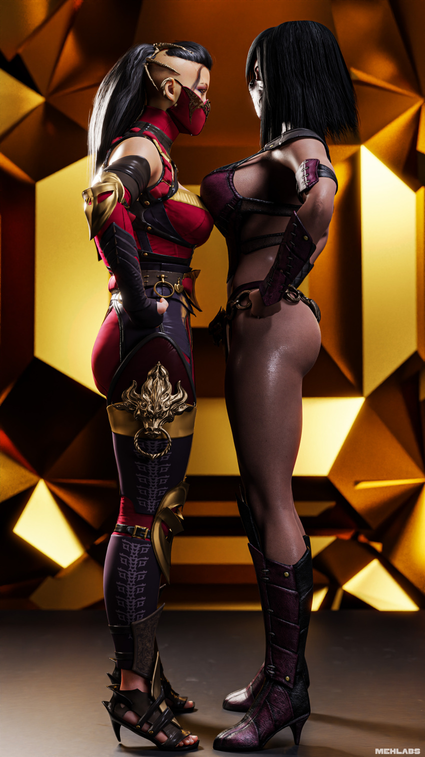 2girls 3d ass athletic_female black_hair boots breasts clothed edenian eye_contact facing_each_other female female_only fit fit_female full_body hair_tied hands_on_hips heels high_heel_boots high_heels human humanoid leather_armor legs looking_at_each_other mehlabs midway midway_games mileena mortal_kombat mortal_kombat_1_(2023) mortal_kombat_x mouth_covered netherrealm_studios ponytail red_clothing side_shave side_view sideboob toes vambraces warrior