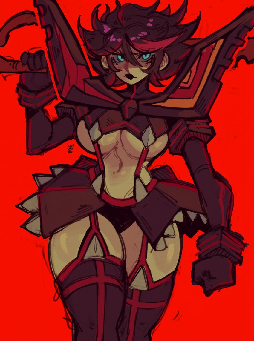 1girls blue_eyes breasts dark_hair female female_only huge_breasts kill_la_kill large_breasts looking_at_viewer matoi_ryuuko red_background scissor_blade senketsu short_hair solo thick_thighs wide_hips widisu