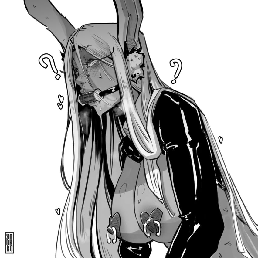 big_breasts bit_gag bondage breasts bunny_ears drool drooling eyes_rolling_back female femsub gag gagged latex miruko my_hero_academia nipple_piercing nipples no_color pierced_nipples piercing rumi_usagiyama slave solo solo_female submissive submissive_female white_hair yoyoro