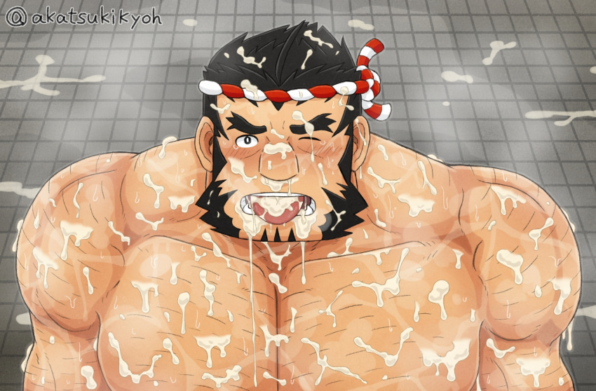 akatsukikyoh bara black_hair blush cum cum_covered cum_on_body cum_on_face facial_hair male male_only muscles muscular musk nejiri_hachimaki nude one_eye_closed solo solo_male sweat sweating tajikarao_(tokyo_afterschool_summoners) tokyo_afterschool_summoners tongue_out