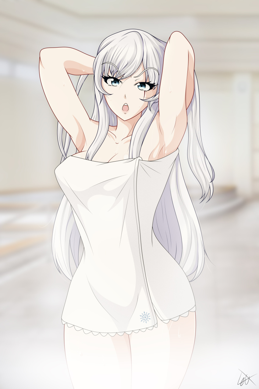 1girls blue_eyes eyebrows_visible_through_hair leux_21 long_hair rwby scar scar_across_eye shiny_hair shiny_skin solo solo_female tagme towel towel_only weiss_schnee white_hair