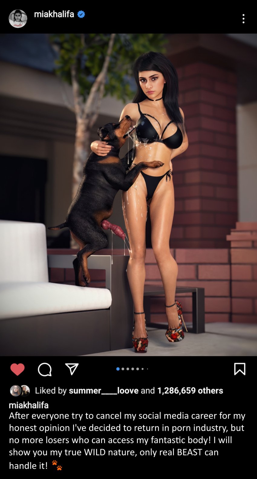 3d animal_genitalia animal_penis arabian athletic athletic_female big_breasts black_hair canine celebrity daz3d daz_studio dog_penis drool drool_on_breasts drool_string drooling drooling_on_partner high_heels instagram johncooperbeast3dx knot knotted_penis messy mia_khalifa outdoors outside photorealistic pornstar real_person realistic sloppy social_media spit spitting swimsuit tan_body tan_skin zoophilia