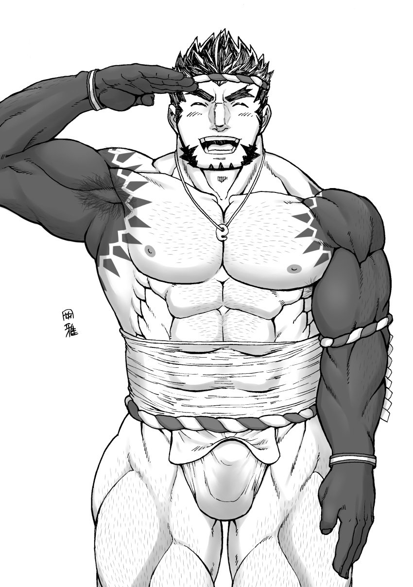 balls bara black_hair bulge closed_eyes facial_hair fundoshi male male_only miyabi13783794 monochrome muscles muscular nejiri_hachimaki penis salute solo solo_male tajikarao_(tokyo_afterschool_summoners) tokyo_afterschool_summoners