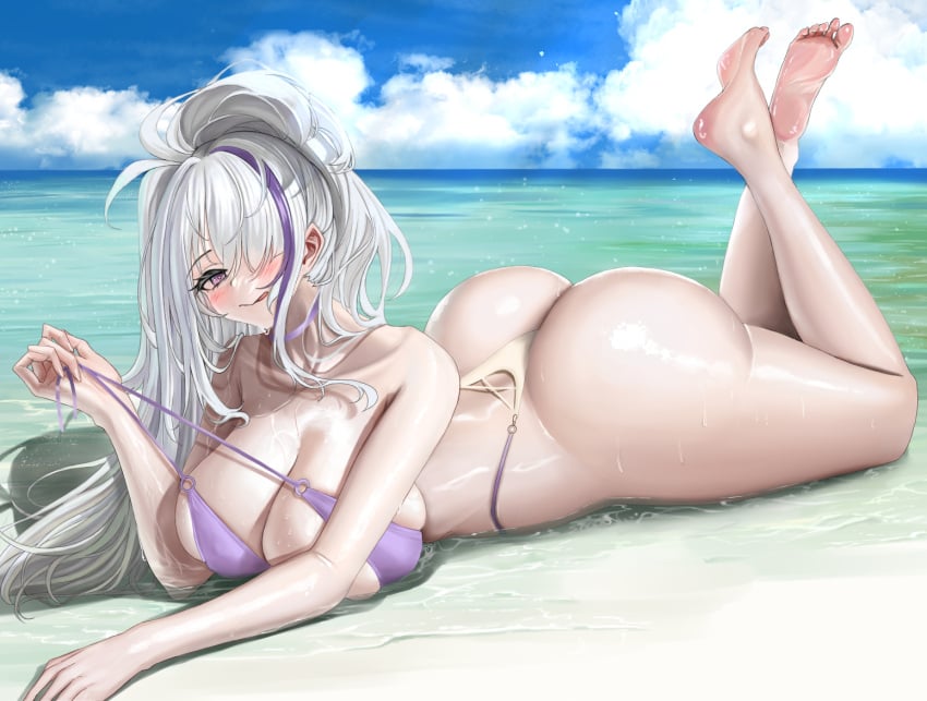 1girls 2d 2d_(artwork) anti_kumo ass azur_lane beach bikini breasts female female_focus female_only huge_breasts large_ass light-skinned_female light_skin long_hair outdoors pale-skinned_female pale_skin purple_eyes sakura_empire_(azur_lane) solo solo_female solo_focus unzen_(azur_lane) unzen_(sojourn_through_clear_seas)_(azur_lane) water white_hair