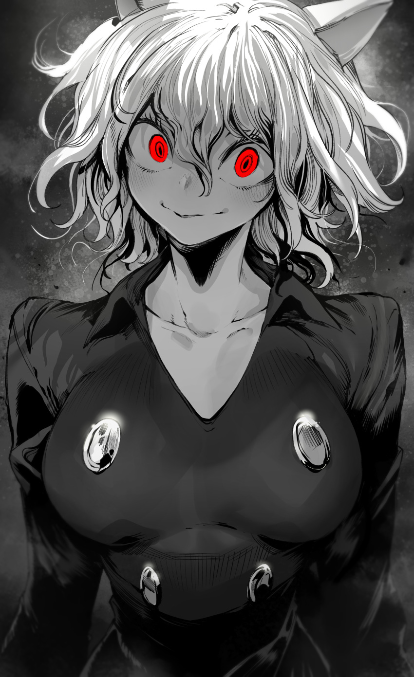 1girls animal_ears big_breasts breasts busty buttons cat_ears cat_girl chimera_ant eyelashes female female_focus female_only greyscale hair_between_eyes humanoid hunter_x_hunter looking_at_viewer neferpitou niwarhythm pale-skinned_female pale_skin parted_lips red_eyes short_hair shounen_jump solo upper_body v-neck villainess white_hair