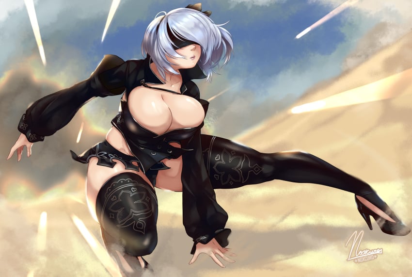 1girls alternate_breast_size android big_breasts black_legwear blindfold breasts busty cleavage curvaceous curvy curvy_body curvy_female curvy_figure curvy_hips female female_focus female_only heels huge_breasts large_breasts legwear nier:_automata nox_(artist) noxcuro robot robot_girl short_hair slim_waist solo solo_female thick_thighs thighhighs thighs voluptuous wide_hips yorha_2b