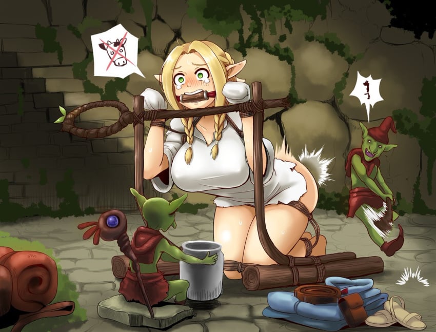 1girls 2boys ass_slap bit_gag blonde_hair bondage bound_wrists braided_hair captured clothing defeated delicious_in_dungeon dubious_consent dungeon dungeon_meshi elf fantasy female femsub gag gagged goblin goblin_male green_eyes imminent_lactation jar large_breasts mage maledom marcille_donato milking monster_on_female nipples_visible_through_clothing no_pants pointy_ears rape rebake-1453 size_difference slave small_dom_big_sub smaller_male spanking staff tears undressing undressing_another wide_eyed wide_hips women_livestock