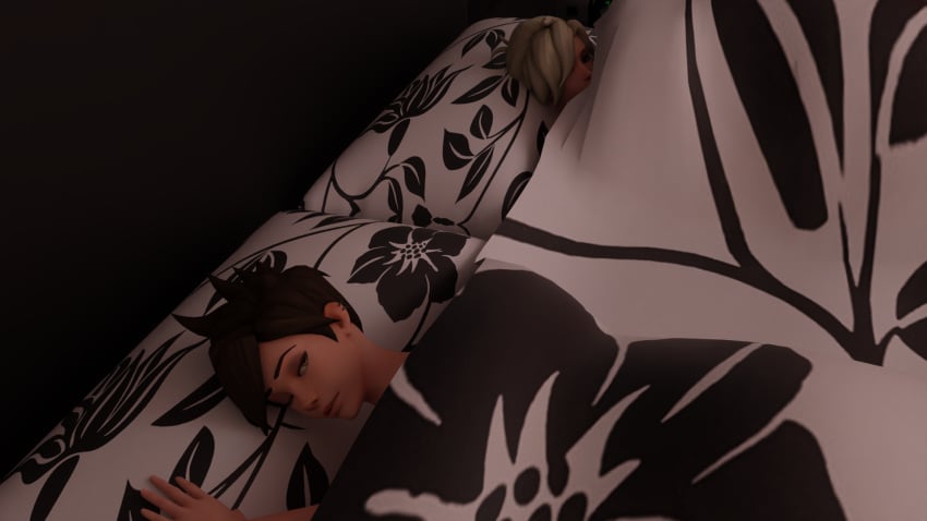 3d 3d_(artwork) bed bedroom half-closed_eyes half_asleep looking_at_another looking_back mercy overwatch overwatch_2 runeiteer tracer under_covers woken_up