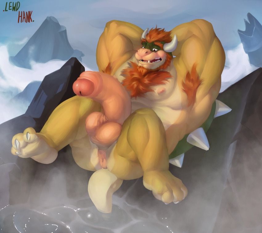 absurd_res anthro armpit_hair balls body_hair bowser chest_hair foreskin genitals half-erect hi_res horn koopa lewdhank male male_only mario_(series) muscular muscular_male nintendo nude nude_male penis raised_arms scalie solo