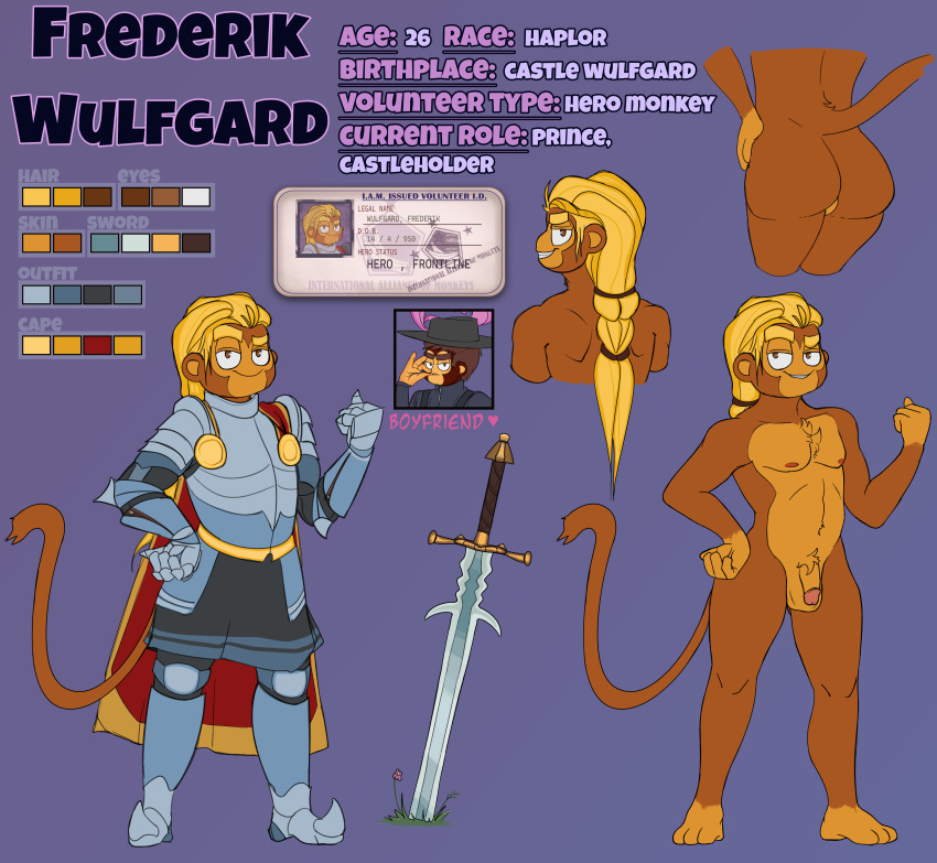 absurd_res anthro ass bloons_tower_defense cape clothing copyright_request frederik_wulfgard_(sergiovintorez) genitals hair haplorhine hi_res knight_armor male male_only mammal melee_weapon model_sheet monkey muscular penis ponytail primate sergiovintorez solo sword tagme weapon